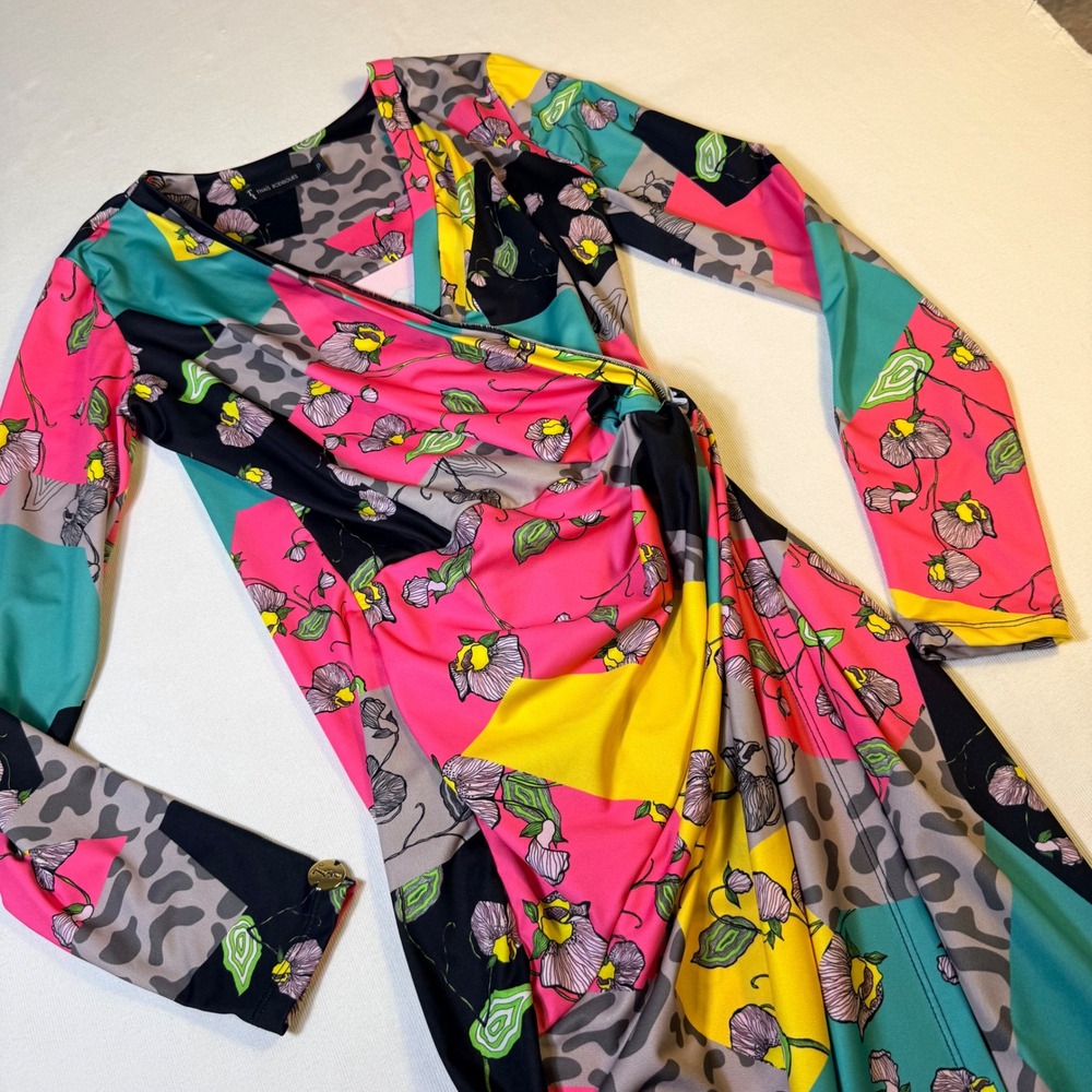Thais Rodrigues Faux Wrap Dress P‎ Multicolor Floral Leopard Geometric Ruched - Picture 2 of 16